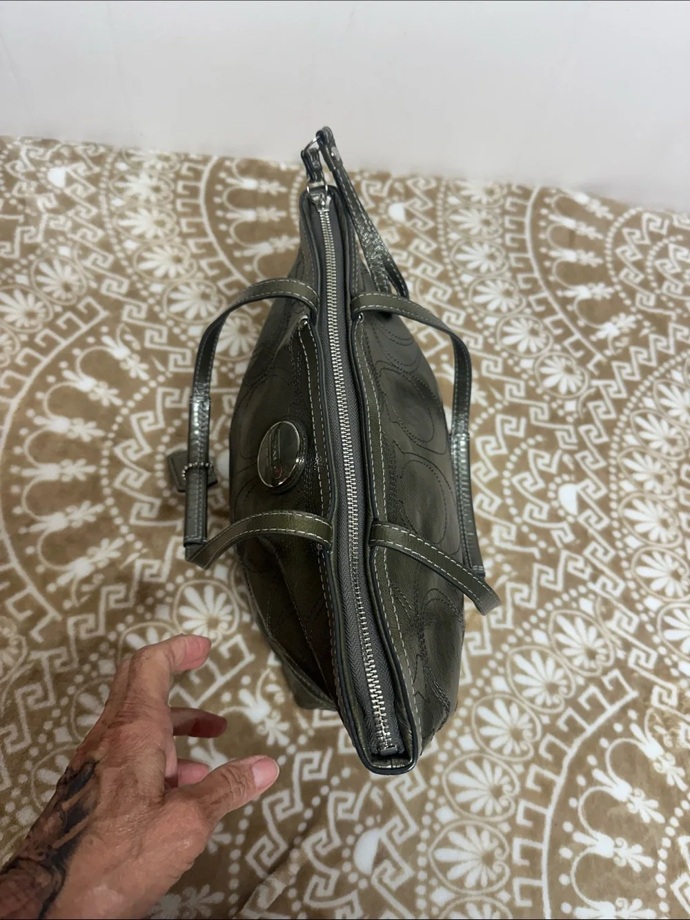 COACH Olive Leather Tote with Signature Charm